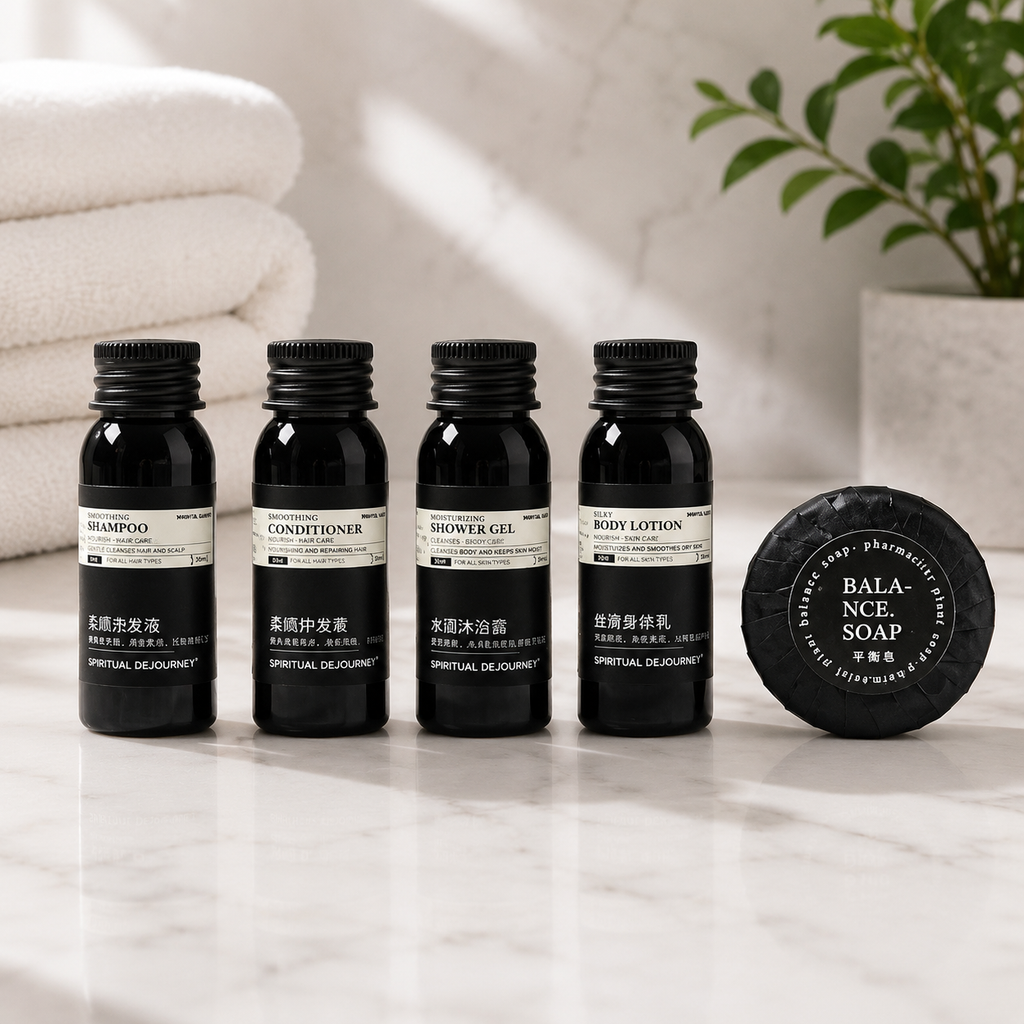 Travel Toiletry Kit – Hotel Guest Amenities Set with Shampoo, Conditioner, Shower Gel, Body Lotion & Soap